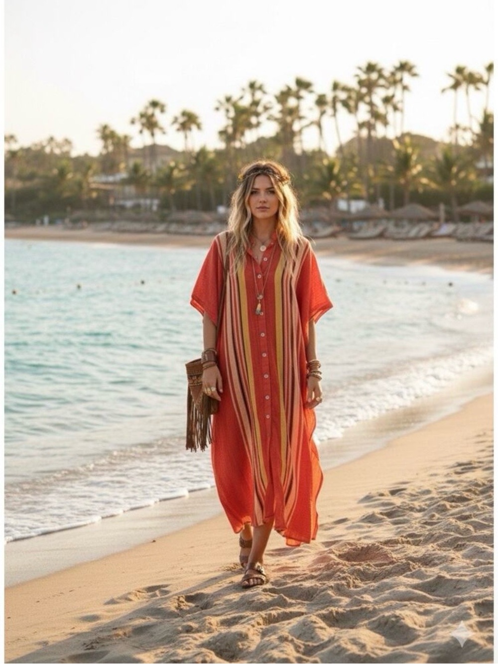 Free People Orange Striped Caftan/Cover-up